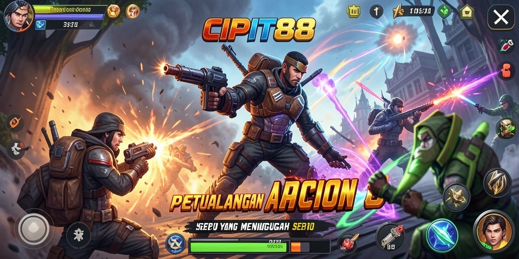 Screenshot gameplay Action CIPIT88 dengan karakter bertempur melawan musuh.