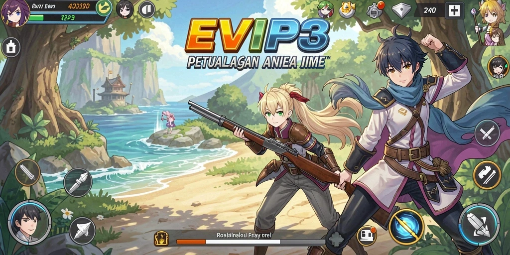 Tangkapan layar utama EVIP3 menampilkan karakter-karakter Anime yang beraksi dalam pertempuran epik.