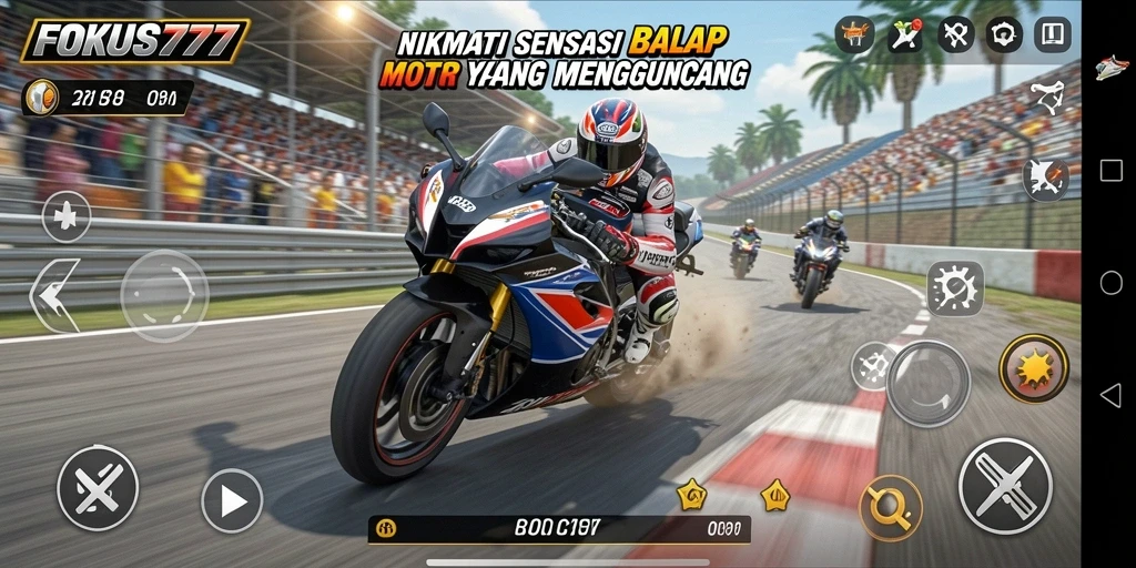 Screenshot utama FOKUS777 dengan gameplay balapan motor yang intens.