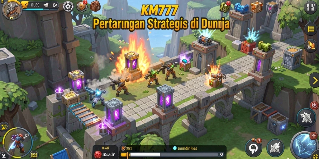 Tangkapan layar gameplay KM777 menunjukkan menara beraksi melawan gelombang musuh.