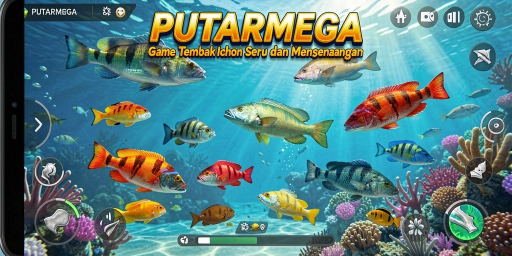 Tampilan dinamis gameplay seru di PUTARMEGA dengan berbagai ikan berwarna-warni.